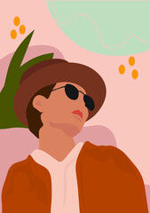 set faces and hair style, fashion concept, woman beauty minimalist, vector illustration of colorful abstract background forest fern eucalyptus