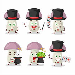 A rough mushroom Magician cartoon character perform on a stage