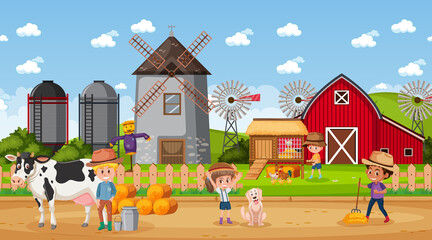 Farm scene with many kids and farm animals