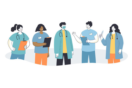 Team of cartoon hospital or clinic staff in masks. Group of male and female doctors in uniform, nurses, medical professionals flat vector illustration. Health, healthcare, medicine, profession concept