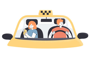 Taxi cab driver and female passenger behind windscreen. Male cartoon character driving female to work, man and woman sitting in car flat vector illustration. Taxi service, transportation concept