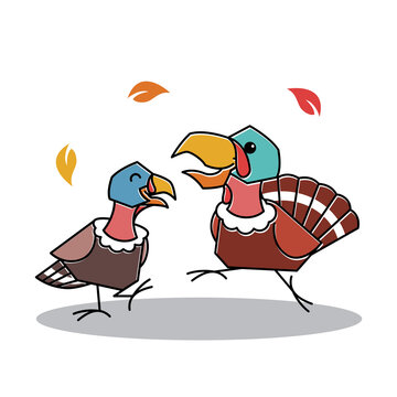 Happy Dancing Turkey Bird Couple Autumn Fall Thanksgiving Character Cartoon