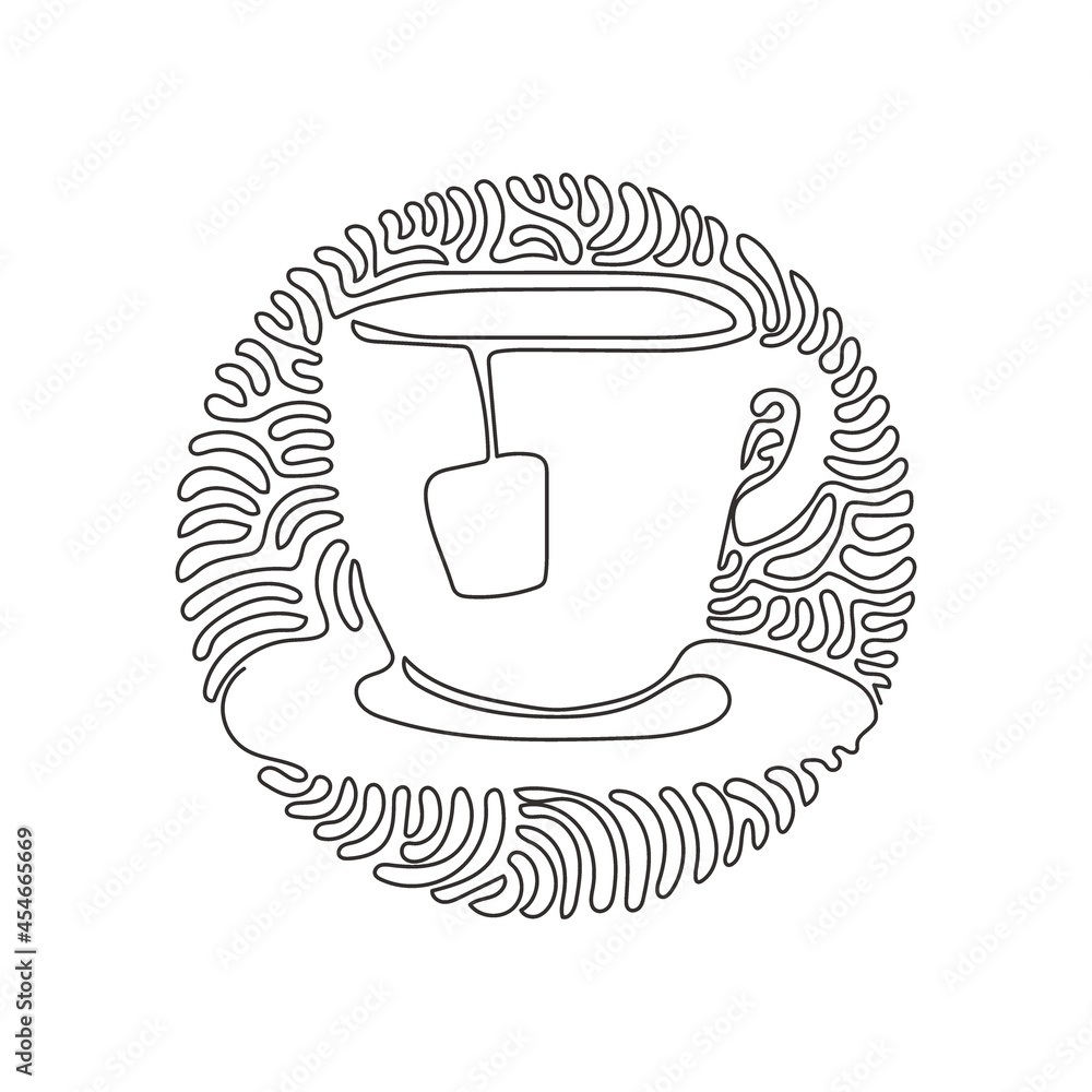 Poster single continuous line drawing cup with tea bag. hot drinks for breakfast. enjoy freshness and relax