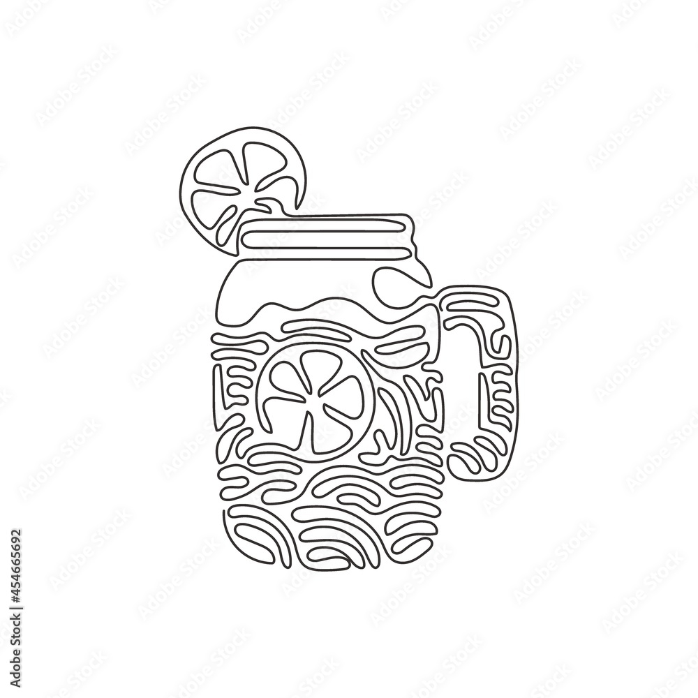 Poster single one line drawing hand drawn lemon, lemon slice, jar with lemonade. freshness cold drink water