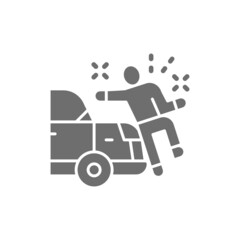 Car knocks down a man, crash grey icon.