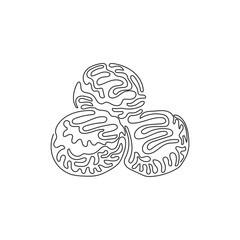 Continuous one line drawing takoyaki, octopus balls, Japanese fast food. Tasty snack with mayonnaise, bonito flakes and seaweed. Swirl curl style. Single line draw design vector graphic illustration