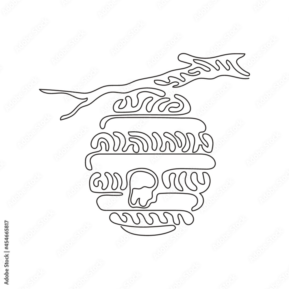 Poster continuous one line drawing honey hive hanging on branch of tree with honey drop. house of bee. sour