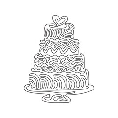 Continuous one line drawing wedding cake with love shape on top. Sweet cake for celebrate marriage. Tasty dessert wedding party. Swirl curl style. Single line draw design vector graphic illustration