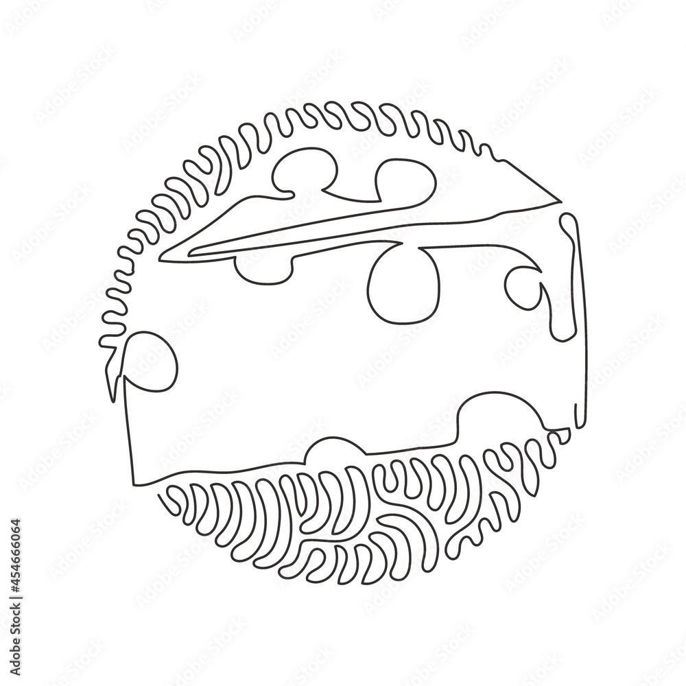 Poster single one line drawing cheddar cheese simple gradient logo with holes realistic triangle form. appe