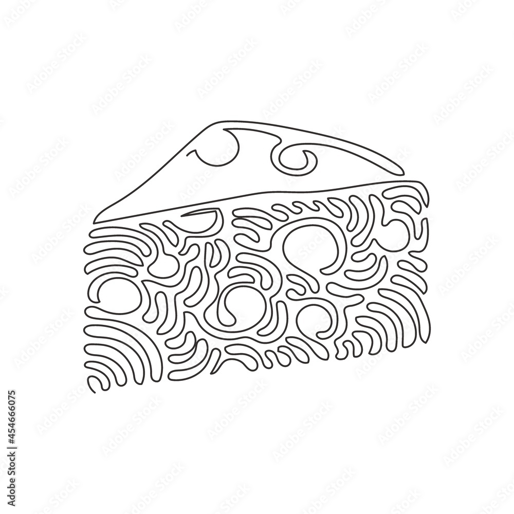 Poster continuous one line drawing cheddar cheese simple gradient logo with holes realistic triangle form. 