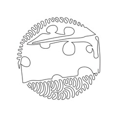 Single one line drawing cheddar cheese simple gradient logo with holes realistic triangle form. Appetizer for breakfast. Swirl curl circle background style. Modern continuous line draw design graphic