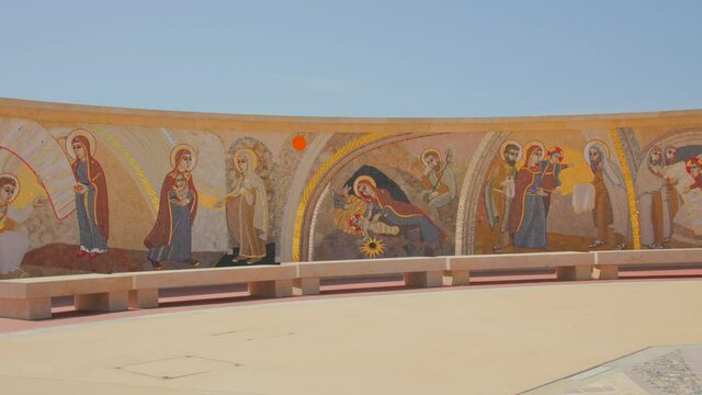 Panoramic View Of Religious Frescos, Mosaic Painting In Basilica of the National Shrine of the Blessed Virgin Of Ta' Pinu In Gharb, Malta. - panning