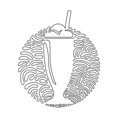 Single continuous line drawing delicious milkshakes in glasses with straws. Sweet cold tasty beverages. Swirl curl circle background style. Dynamic one line draw graphic design vector illustration