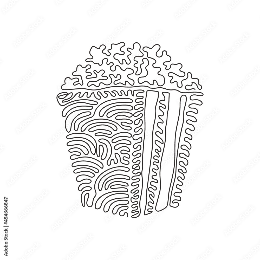 Poster single continuous line drawing striped box container with delicious popcorn. takeaway fast food. res