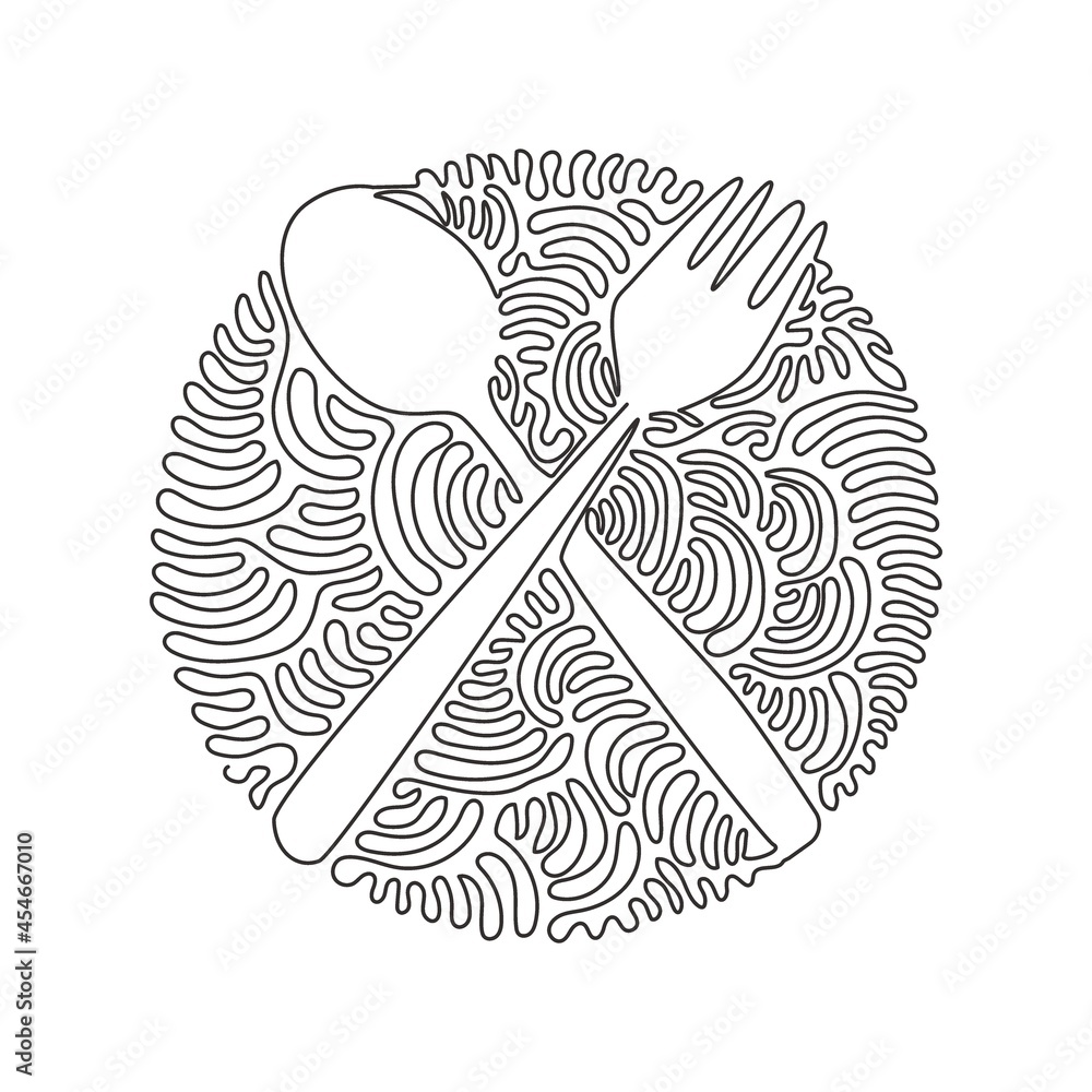 Poster single continuous line drawing crossed spoon and fork icon. restaurant symbol. cutlery simple flat d