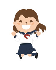 女子生徒のイラスト。楽しそうにジャンプしてる制服姿の女の子。