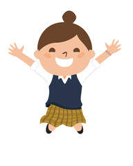 女子生徒のイラスト。楽しそうにジャンプしてる制服姿の女の子。
