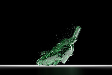 3D Render Broken Glass Realistic green  beer bottle  Mock Up, 3D illustration Graphic Design.