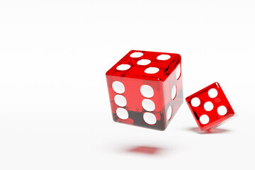 3D illustration closeup of a pair of red dices over white background. Red dice in flight. Casino gambling.