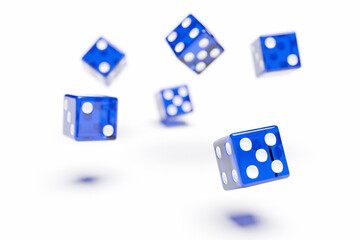 Blue dice  fly on white background . Two dice casino game template concept. Casino background.