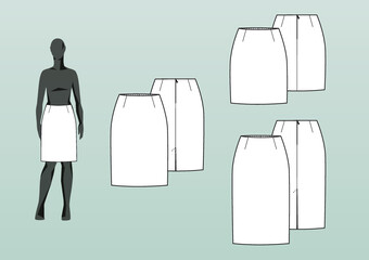 BASIC PENCIL SKIRT. Fashion design technical flat sketch template for product instructions. Easy to edit, front and back view.