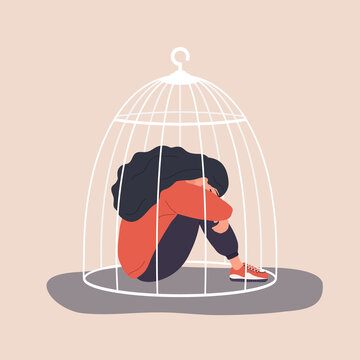 Woman Locked In Cage. Sad Girl Needs Psychological Help. Social Isolation Concept. Female Empowerment Movement. Violence In Family. Vector Illustration In Cartoon Style.