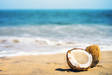 beautiful ripe coconut the lake broken down into 2 half lies on a white sand beach
