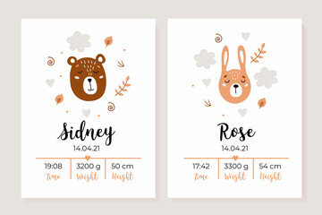 A set of children's posters, height, weight, date of birth. Bear, hare