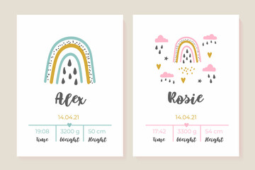 A set of children's posters, height, weight, date of birth. Rainbow.