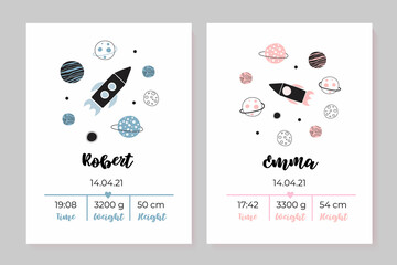 A set of children's posters, height, weight, date of birth. Rocket, space.