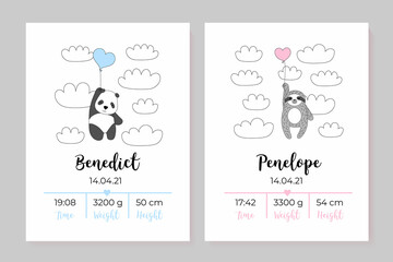 A set of children's posters, height, weight, date of birth. Panda, sloth.