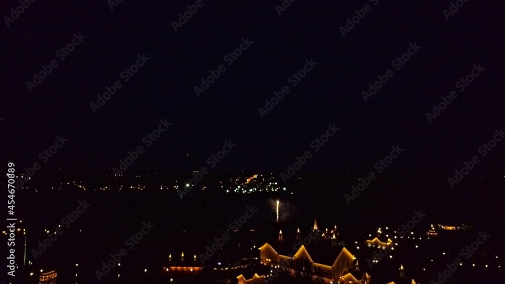 Poster aerial view of multiple fireworks explosives and display on a quiet clear night as seen by a drone