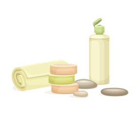 Spa and Aromatherapy with Lotion in Bottle and Rolled Towel Vector Composition