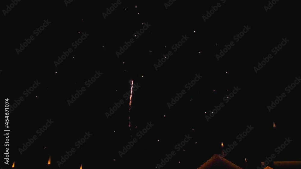 Poster view of multiple fireworks explosives and display on a quiet clear night
