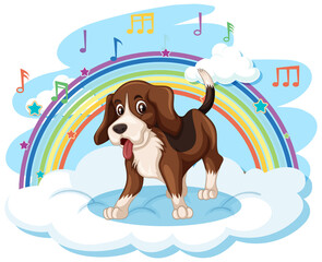 Cute dog on the cloud with rainbow