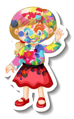 Happy girl with colour on her body sticker on white background