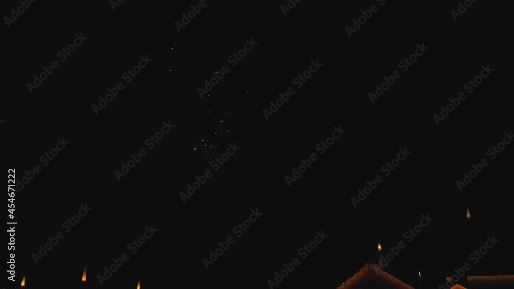 Poster view of multiple fireworks explosives and display on a quiet clear night