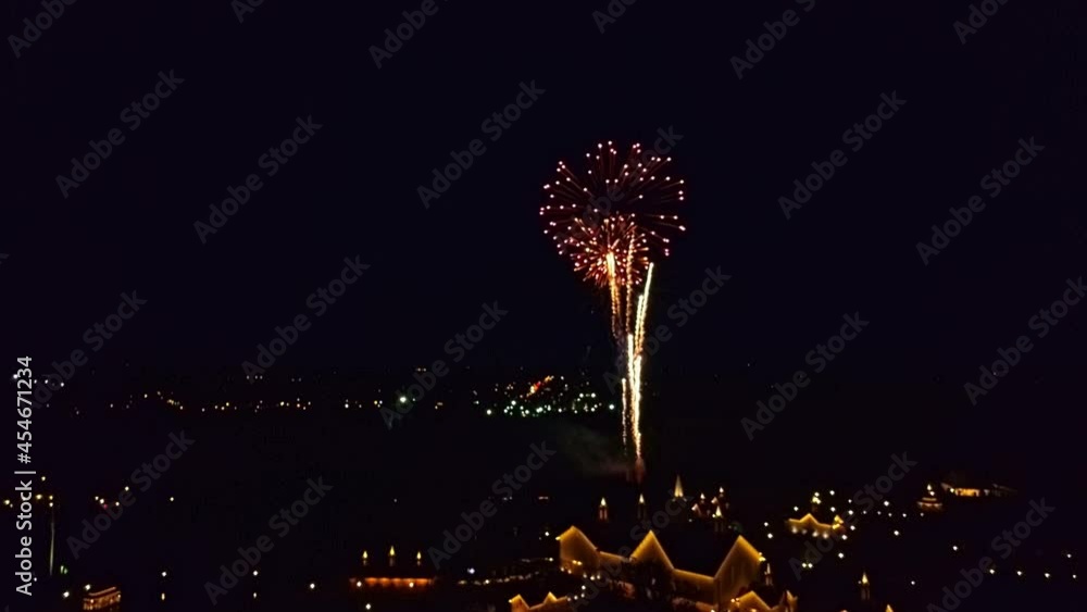 Poster aerial view of multiple fireworks explosives and display on a quiet clear night as seen by a drone