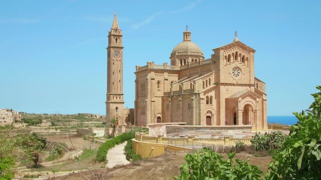 Exterior View Of Ta&rsquo; Pinu National Shrine And Basilica In Gozo, Gharb, Malta. - wide panning