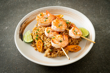 fried rice with shrimps skewers
