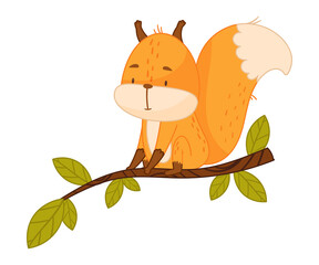Funny Orange Squirrel Character with Bushy Tail Sitting on Tree Branch Vector Illustration