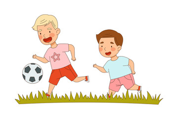Smiling Little Boy Enjoying Summer Playing Football Vector Illustration