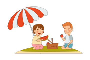 Smiling Little Boy and Girl Enjoying Summer Having Picnic Sitting on Green Lawn with Basket Eating Fruit Vector Illustration