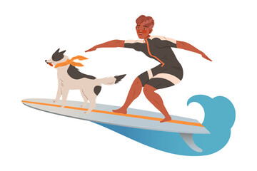 Man Surfer Character on Surf Board with Dog Riding Moving Wave of Water Vector Illustration