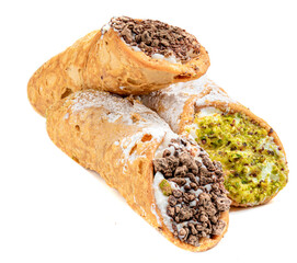 Canolli Isolated. Traditional homemade Sicilian  dessert Canolli with cream cheese Top view.