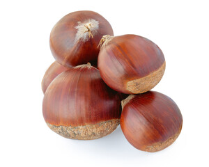 Autumn chestnuts isolated on a white background. Cracked Roasted Chestnuts  with a shell Top view. Flat lay, Creative layout