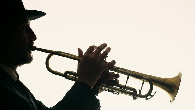 Bearded musician jazzman in hat plays musical trumpet in studio on white background, side view, double exposure, mockup. Concept of jazz music, art and talent