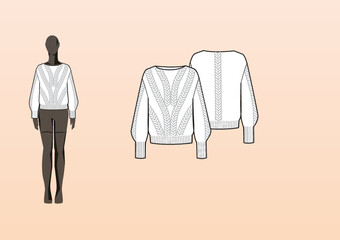 CABLE KNIT SWEATER, BOAT NECK, RELAXED FIT. Fashion design technical flat sketch template for product instructions. Easy to edit, front and back view.