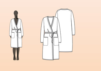 KNIT CARDIGAN, LONG. Fashion design technical flat sketch template for product instructions. Easy to edit, front and back view.