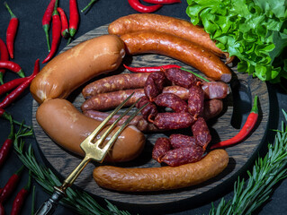 four types of pork fat smoked sausages (salami) are lying on a wooden cutting board, next to red fresh chili peppers and paprika with lettuce, a three-pronged fork is on top